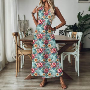 Blue Hawaii Maxi Dress: Tropical Floral V-Neck A-Line Resort Dress