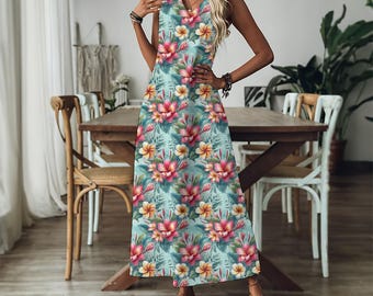 Blue Hawaii Maxi Dress: Tropical Floral V-Neck A-Line Resort Dress