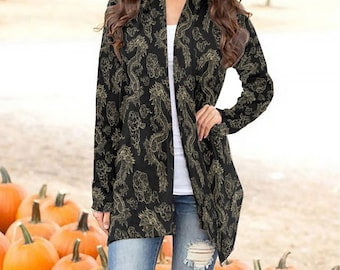 Black Dragon Kimono Cardigan: Gothic Japanese Style Jersey Knit