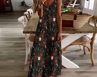 Gothic Floral Maxi Dress: Midnight Garden Witchcore Sling Dress