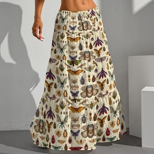Rok met insectenprint, geplooide maxi met elastische tailleband en trekkoord.