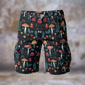 Orange Mushroom Toadstool Men’s Cargo Shorts | Cottagecore Forest Print Shorts | Outdoor Casual Shorts with Pockets