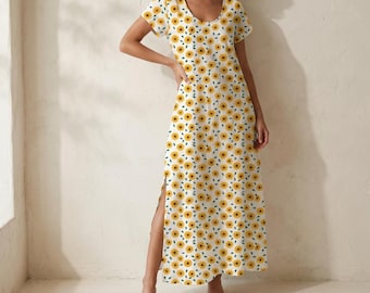 Vestido largo Sunflower: Vestido de verano bohemio con escote en V para mujer