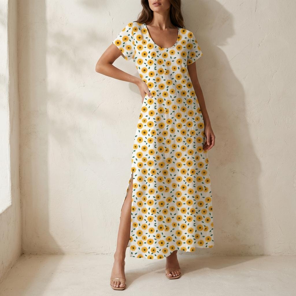 Sunflower Maxi Dress: Women's Boho V-Neck Summer Dress