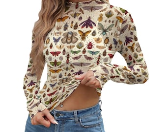 Top de malla de entomología peculiar, camisa de manga larga con insectos, camiseta de polilla Whimsigoth, blusa con bichos peculiares, ropa Goblincore, top transparente con capas