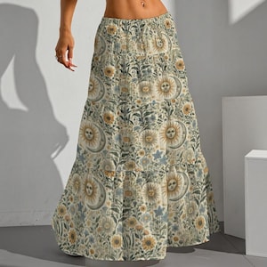 Y2K Sun Moon Floral Maxi Skirt: Pleated Celestial Boho Skirt