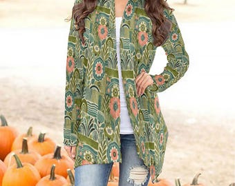 Cárdigan bohemio con estampado floral para mujer: manga larga, abertura frontal, chaqueta ligera de largo medio