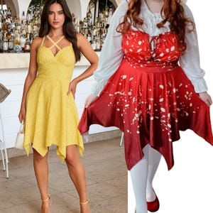 May include: A yellow halter dress with a crisscross neckline and an asymmetrical hemline. The dress is paired with yellow heels and a white handbag. Next to it is a red dress with white spots, a white blouse, and red shoes.
