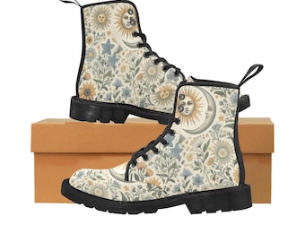 Celestial Sun Moon Canvas Boots: Floral Lace-Up Combat Boots