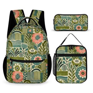 Floral Backpack Set: Girls School Bag, Lunch Bag & Pencil Case