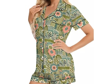 Conjunto de pijama vintage floral em cetim: roupa de dormir com toque de seda no estilo cottagecore