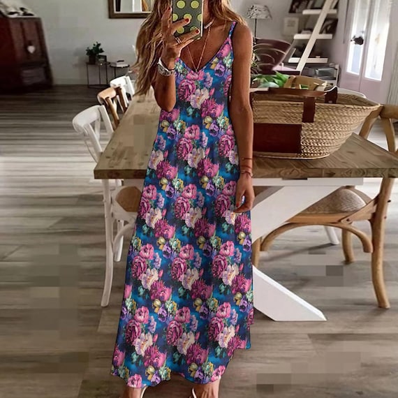 Floral Boho Sling Maxi Dress, Cottagecore Ankle Long Dress, Summer