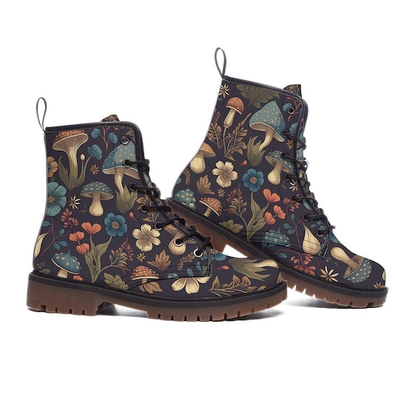 Cottagecore Dress Mushroom Ankle Boots, PU Leather Lace-Up Rubber Sole