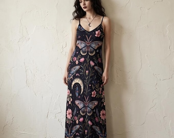 Moth & Moon Cottagecore Maxi Dress: Dark Botanical Gothic Witchcore