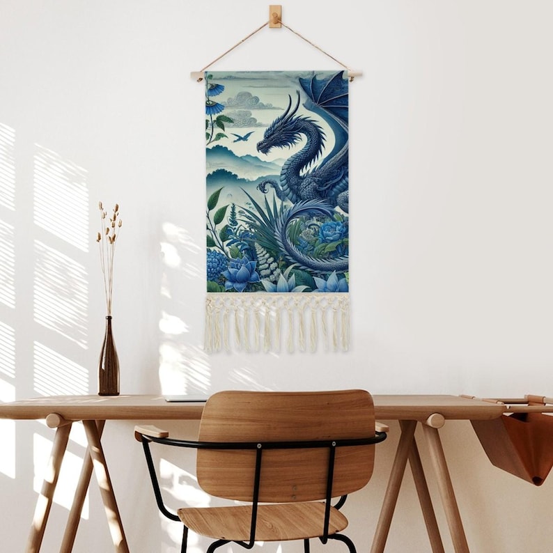 Blue Dragon Tapestry Wall Hanging: Cotton Linen Fantasy Banner 画像 2
