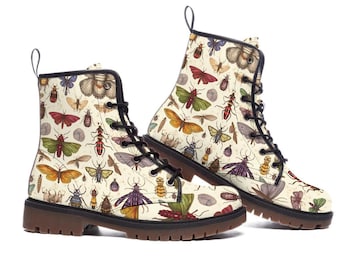 Vintage Entomological Bug Combat Boots, Goblincore Insect Lace Up Boots