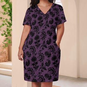 Purple Gothic Pocket Dress | Witchy Loose Fit Midi Dress | V-Neck Short Sleeve Pullover Dress | Dark Cottagecore Plus Size Clothing