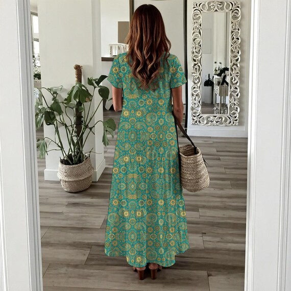 Boho Sun Moon Paisley Maxi Dress: Y2K Flowy Summer Dress