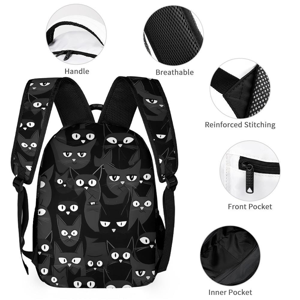 Gothic Black Cat Backpack Set: Kids School Bag, Lunchbox & Pencil