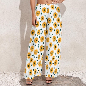Sunflower Wide Leg Pants | High Waist Summer Trousers for Women | Boho Lightweight Beach Lounge Pants | Casual Floral Flow Pants