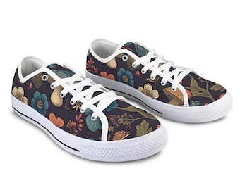 Mushroom Floral Canvas Sneakers, Vintage Botanical Low Top Shoes