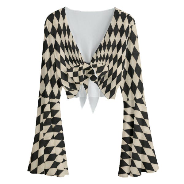 Vintage Harlekin-Bluse mit Glockenärmeln und Bindeband vorne, Clowncore Mesh-Crop-Top