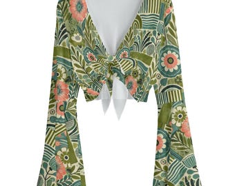 Floral Mesh Bell Ärmel Bluse | 70er Retro Oberteil zum Binden
