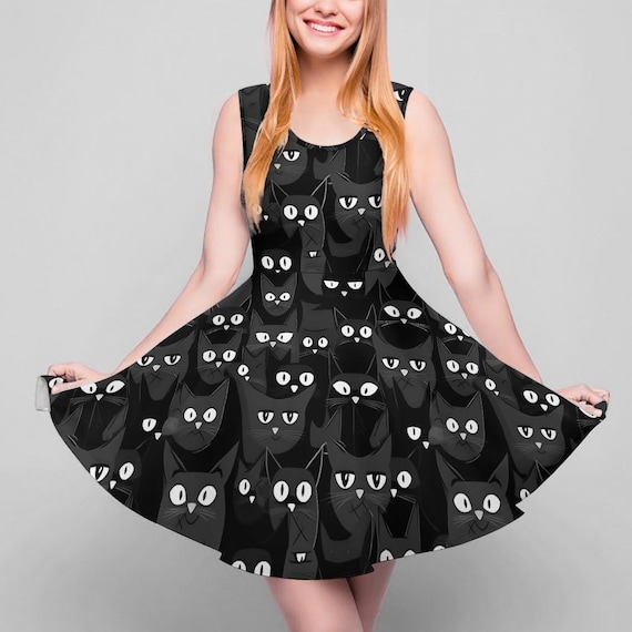 Black Cat Skater Dress: Gothic Witchcore Sleeveless A-Line Black Cat Skater Dress: Gothic Witchcore Sleeveless A-Line