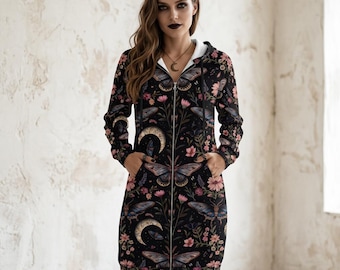 Mystic Moth & Moon Full-Print Long Hoodie - Women's Zip-Up Hooded Sweatshirt Dress - Witchy Floral Coat