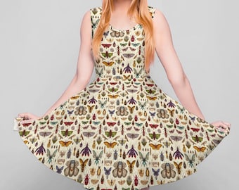 Vintage Insect Print Skater Dress: Sleeveless Cottagecore Style