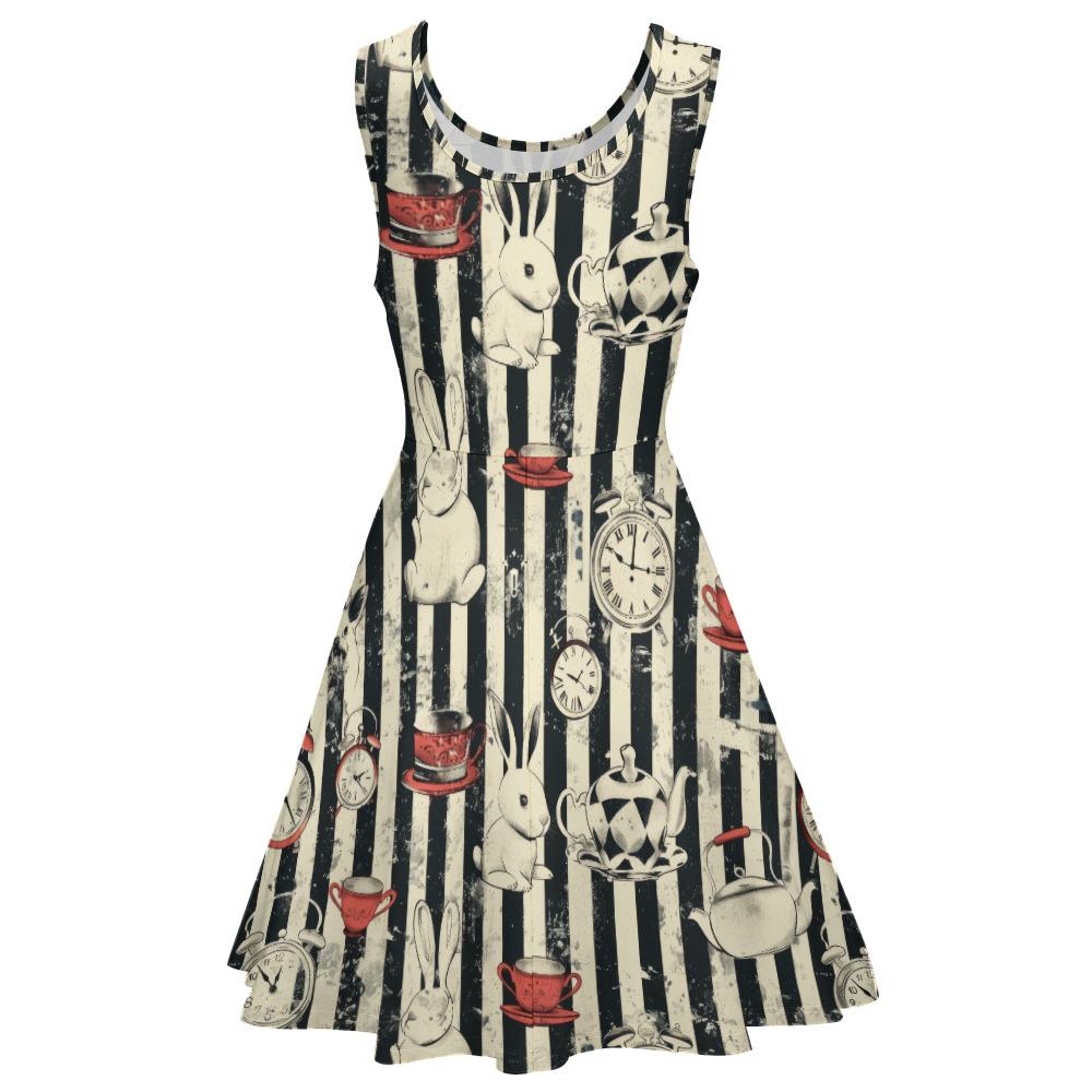 Alice's Tea Party Stripe Dress: Whimsical Sleeveless Fit & Flare