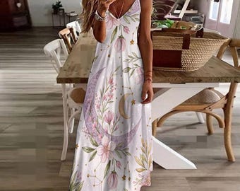 Vestido largo sin mangas con tirantes: estilo bohemio vaporoso de cuento de hadas.