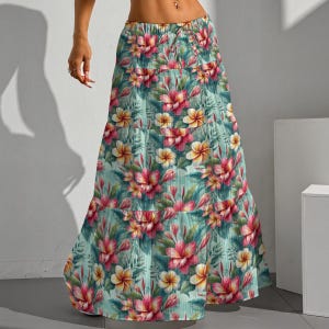 Blue Hawaii Maxi Skirt: Women&#39;s Tropical Pleated Boho Beach Skirt