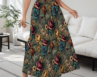 Falda midi vintage con estampado floral: cintura alta, pliegues y bolsillos - Estilo cottagecore bohemio