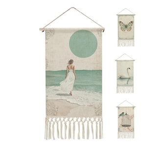 Vintage Ocean Girl Print Tapestry: Cotton Linen Boho Wall Art
