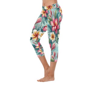 Tropical Daisy Capri Leggings: Floral Print Yoga Workout Pants