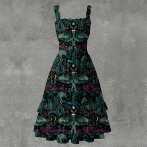 Moth Botanical Ruffle Hem Dress – Sleeveless Witchy Midi image 1