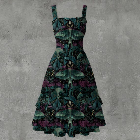 Moth Botanical Ruffle Hem Dress – Sleeveless Witchy Midi