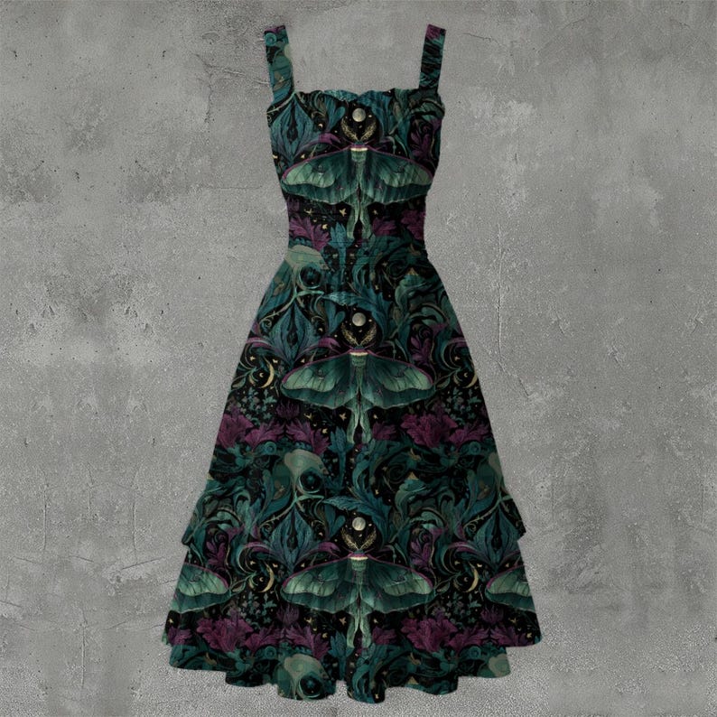 Moth Botanical Ruffle Hem Dress – Sleeveless Witchy Midi image 1
