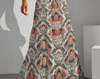 Falda larga con estampado de damasco bohemio: falda larga escalonada en tonos melocotón y verde azulado