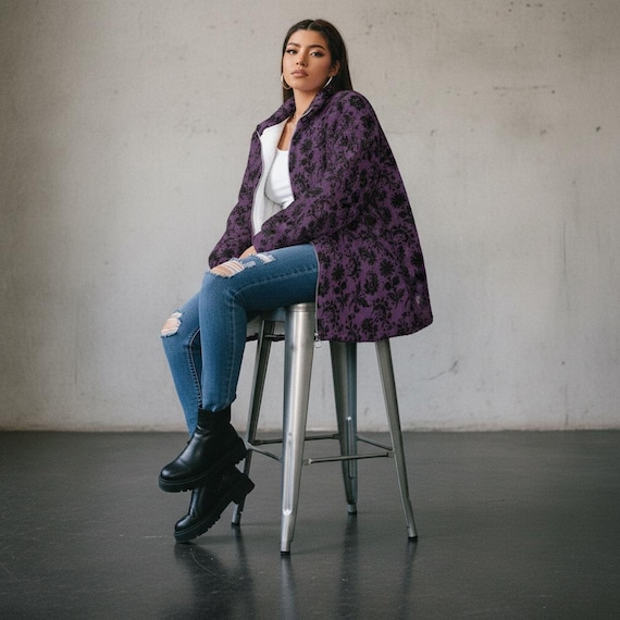 Plus Size Coat, Gothic Purple Damask Fleece Jacket with Zipper Closure