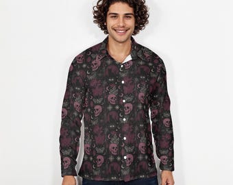 Gothic Moon Phase Long Sleeve Shirt: Witchcore Dark Academia Button-Up