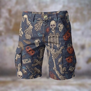 Skull Gamer Men’s Cargo Shorts, Gothic Streetwear Utility Shorts, Casual Relaxed Fit Shorts with Pockets
