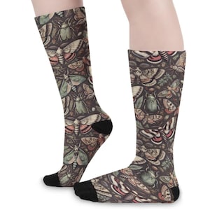 Moth Print Long Socks | Unisex Gothic Cottagecore Socks | Soft Warm Elastic Stockings | Oddities Nature Insect Aesthetic Gift