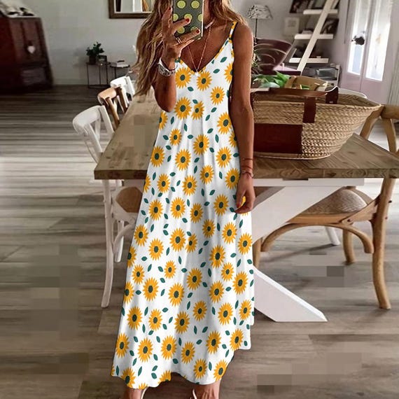 【美品】Sunflower-Printed Midi Dress(sky)(S) Sunflower Floral Midi SunDress – Roll Up Fashion