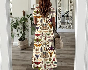 Bug Print Maxi Dress: Round Neck Relaxed Fit Naturecore Dress
