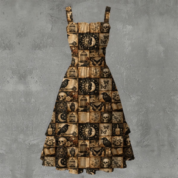 Dark Academia Ruffle Hem Dress, Vintage Occult Gothic Sun and Moon Sundress, Witchy Crow and Skull Aesthetic, Plus Size Alt Fashion S-6XL