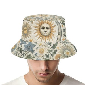 Boho Bucket Hat med sol- och måntryck | Lätt himmelsk hippiehatt