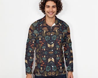 Men’s Mushroom Print Long Sleeve Shirt | Classic Button-Front Shirt with Chest Pocket | Year-Round Fashion