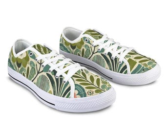 Boho Green Botanical Canvas Sneakers – Women’s Low Top Walking Shoes, Nature-Inspired Casual Lace-Up